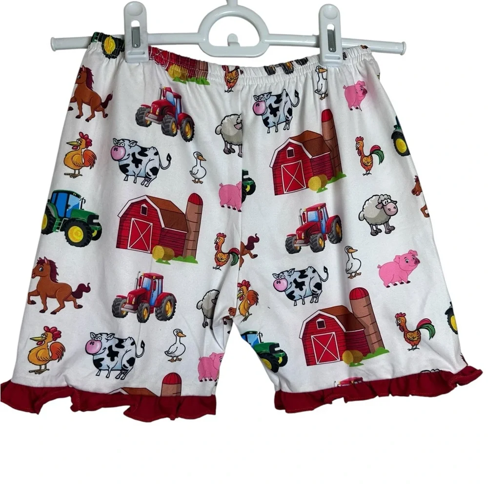 Farm Animal Print Pajama Short Set‎ with Ruffles Button Front Top Pull On Shorts